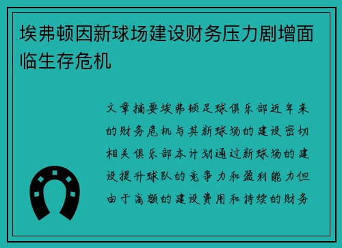 埃弗顿因新球场建设财务压力剧增面临生存危机